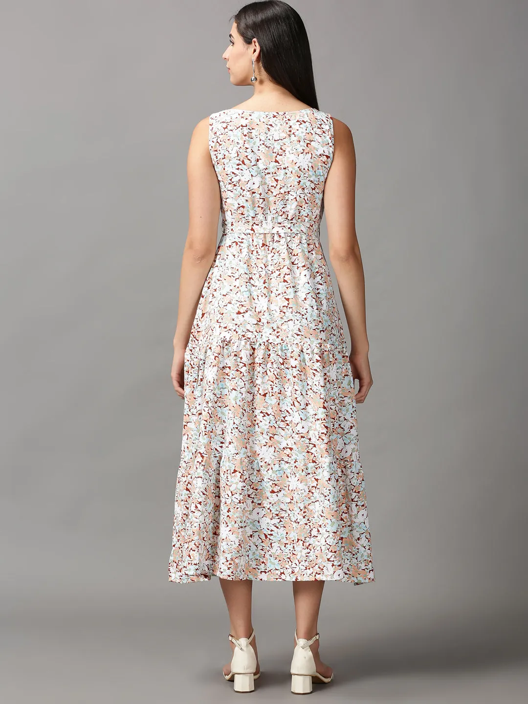 button detail Women's Multi Floral Fit & Flare Midi Dress