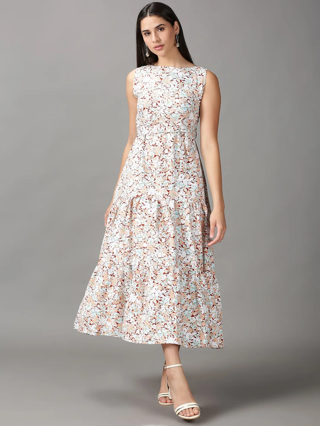 Women's Multi Floral Fit & Flare Midi Dress Formal Choice Sheer-Overlay