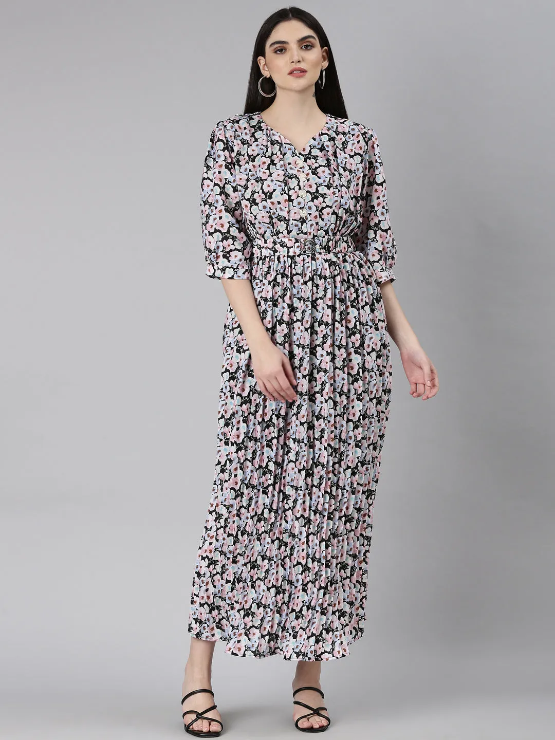 Women's Multi Floral Printed Puff Sleeve Fit & Flare Midi Dress Panelled-Design