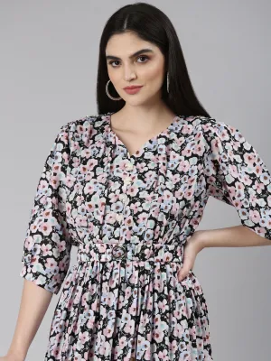Women's Multi Floral Printed Puff Sleeve Fit & Flare Midi Dress Sleek Waist Design Fit Travel Staple