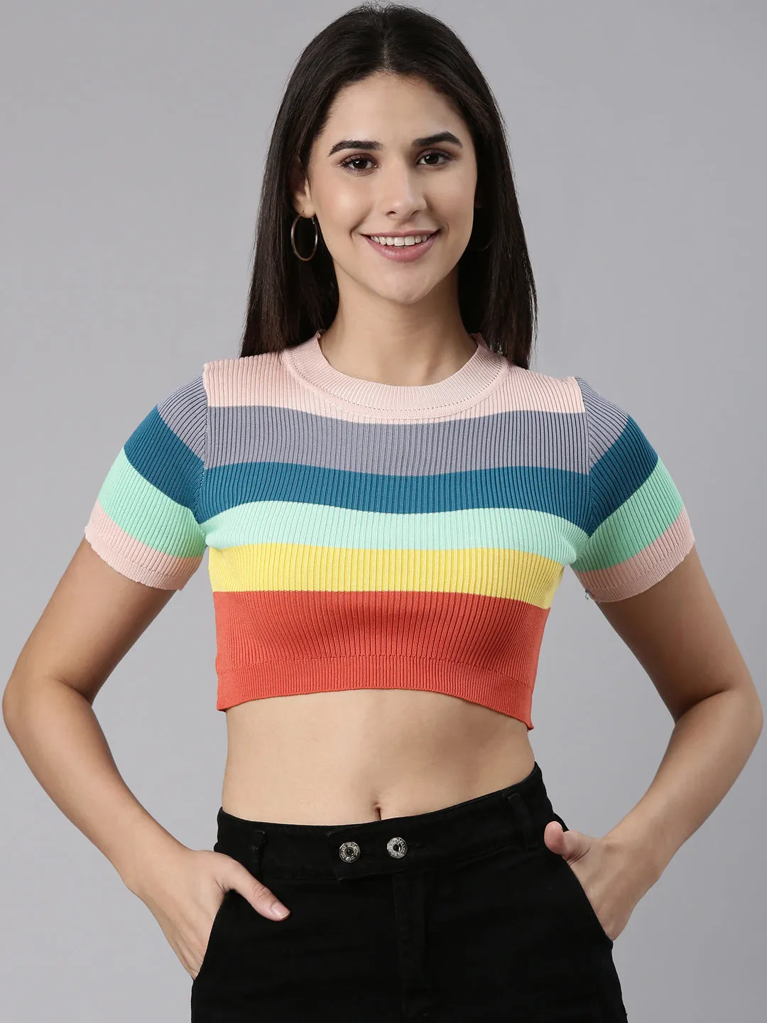 AntiPillingTreatment Easy Wear Look Women's Multi Striped Fitted Acrylic Crop Top