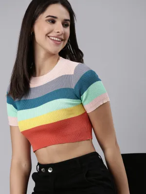 Women's Multi Striped Fitted Acrylic Crop Top WrinkleResistant Pastel color