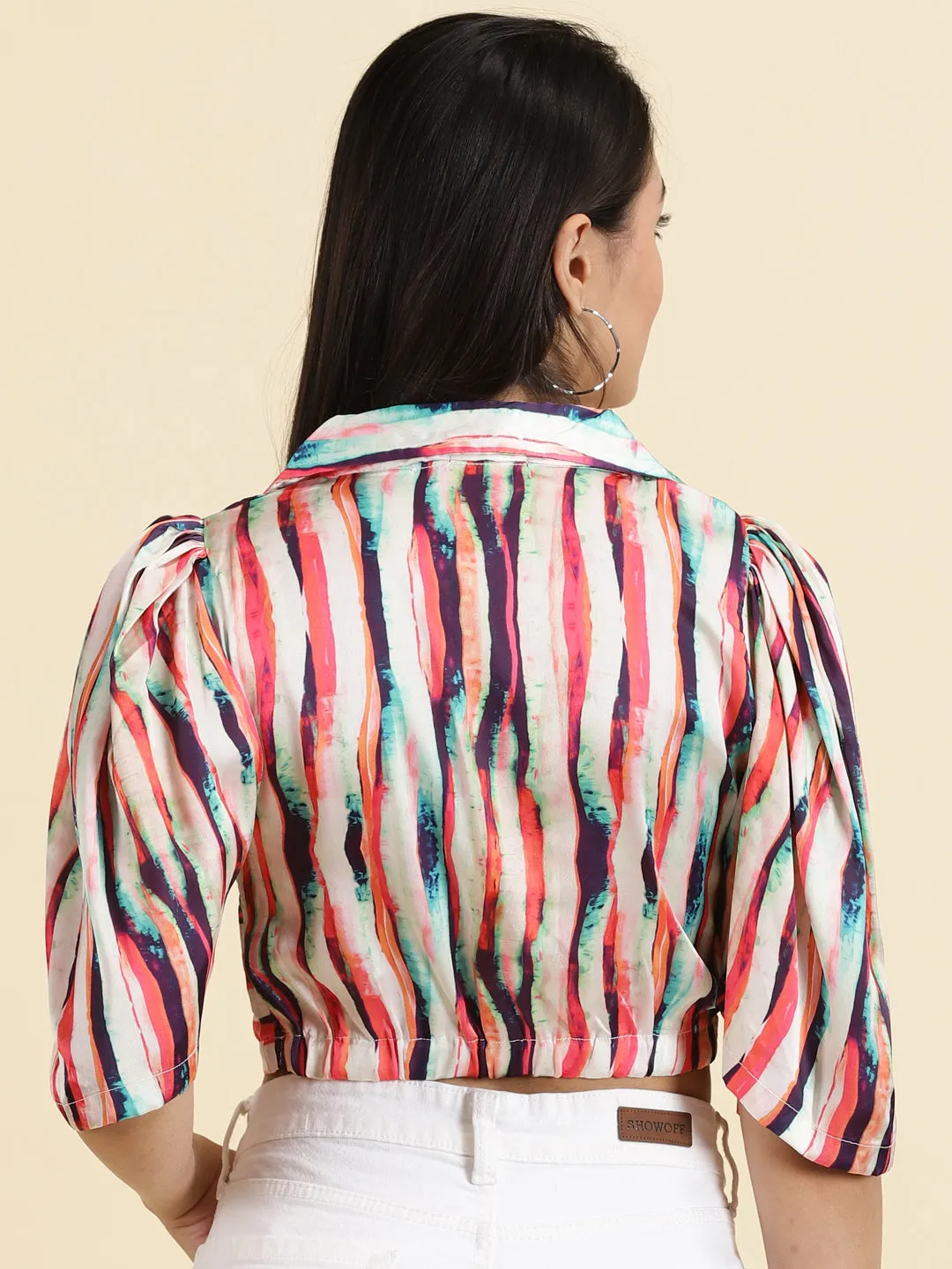 Women's Multi Striped Puff Sleeve Satin Tie & Dye Crop Top Raw Hem Finish sports activity