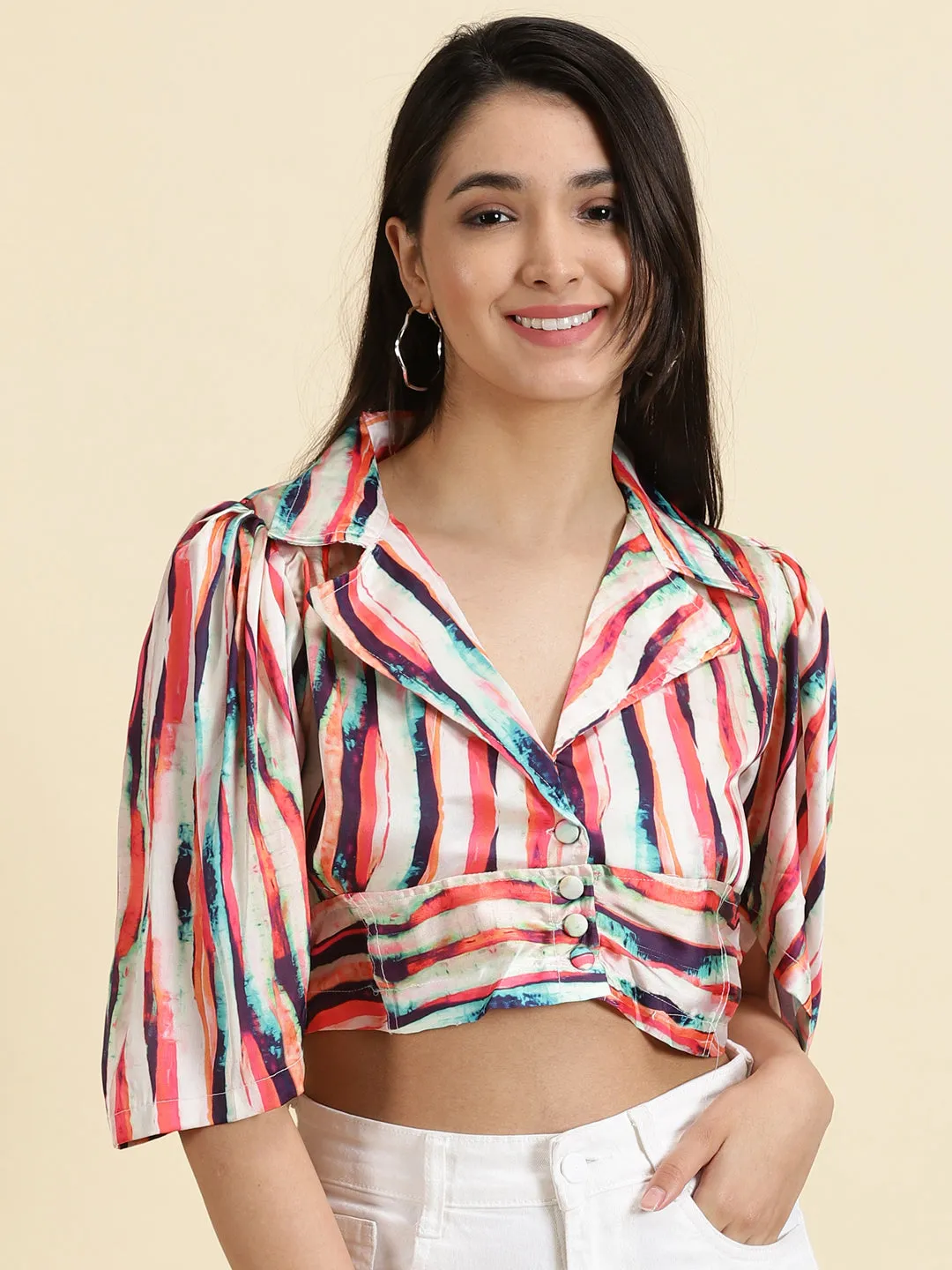 Women's Multi Striped Puff Sleeve Satin Tie & Dye Crop Top Prom discount offer