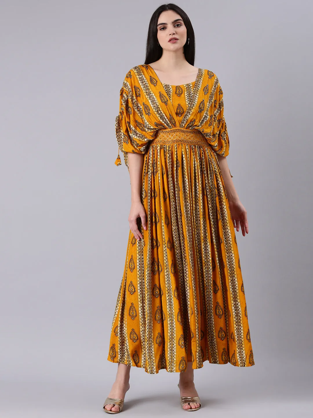 Bright-colored piece Rhinestone-Detail Women's Mustard Ethnic Motifs Printed Kimono Sleeves Fit & Flare Dress