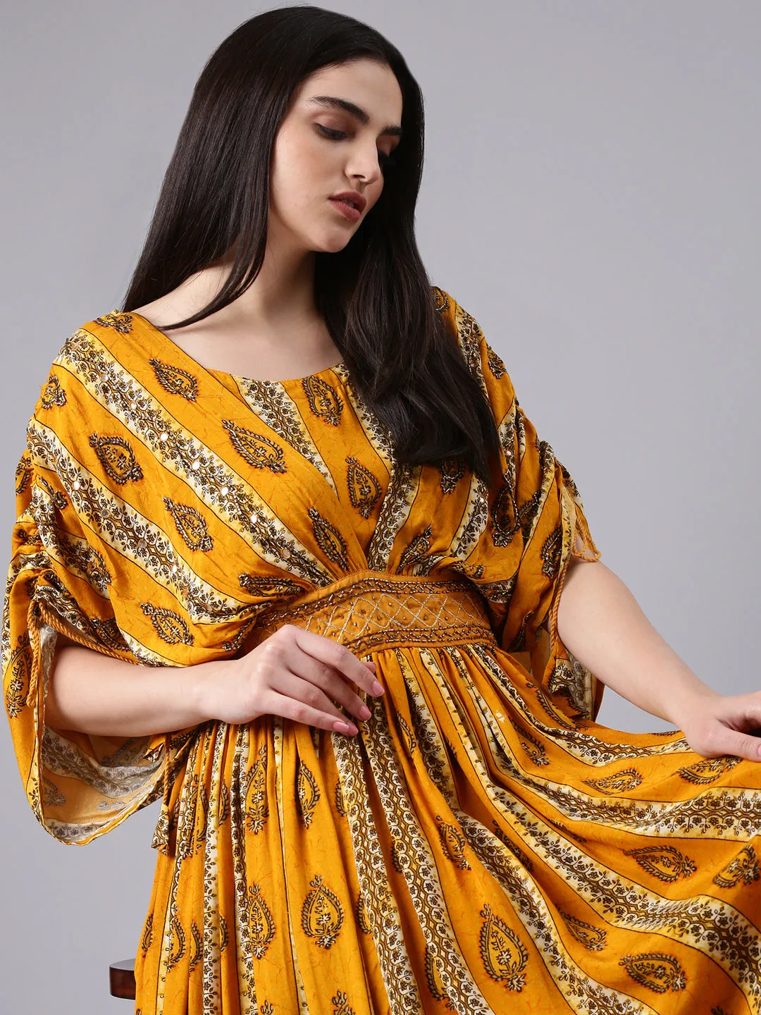 Perfect Style Structured-Shape Women's Mustard Ethnic Motifs Printed Kimono Sleeves Fit & Flare Dress