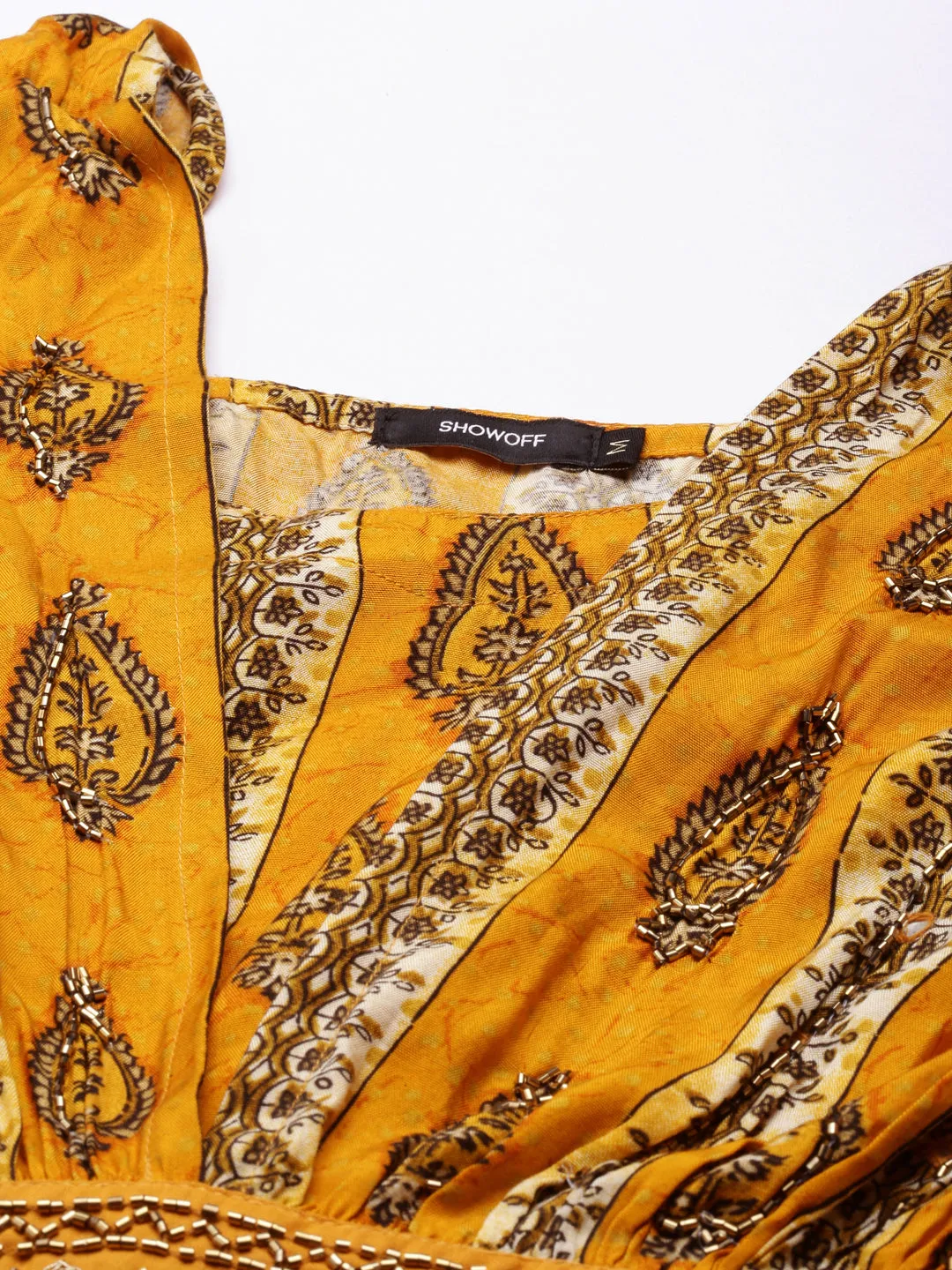 Women's Mustard Ethnic Motifs Printed Kimono Sleeves Fit & Flare Dress Light Mood