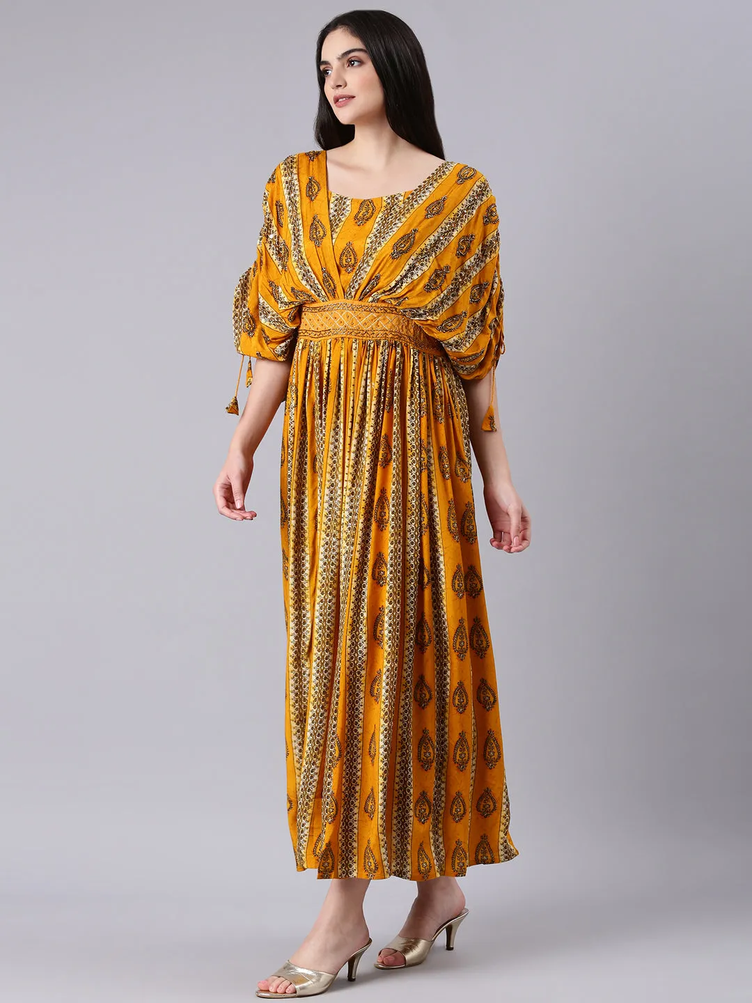 Women's Mustard Ethnic Motifs Printed Kimono Sleeves Fit & Flare Dress Clean Texture