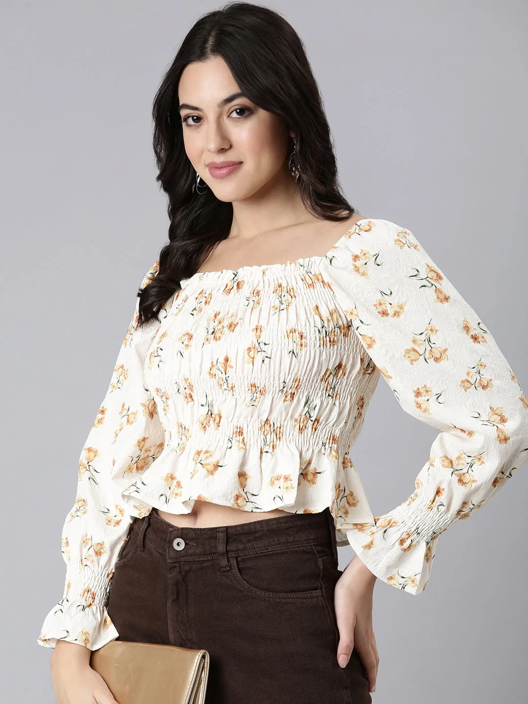 Summer Wardrobe Women's Mustard Floral Printed Square Neck Puff Sleeves Fitted Crop Top