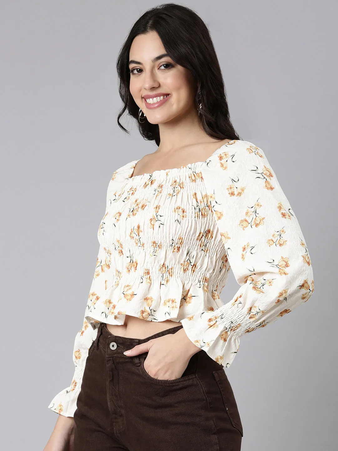 Women's Mustard Floral Printed Square Neck Puff Sleeves Fitted Crop Top Moisture Control Fabric Fun and Comfortable