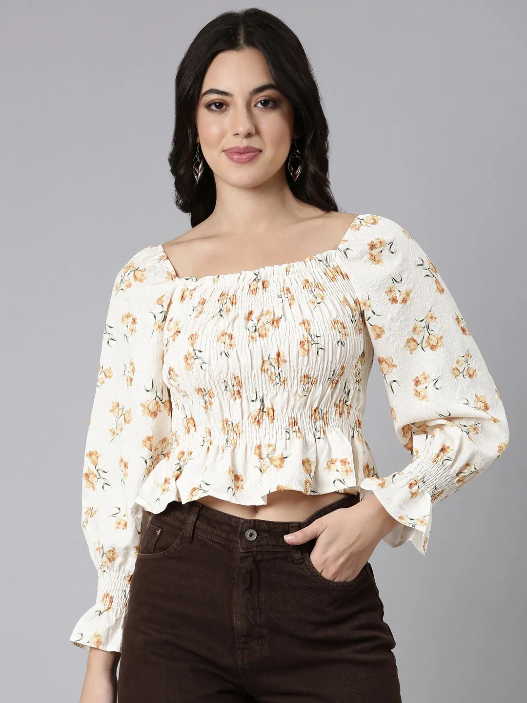 Women's Mustard Floral Printed Square Neck Puff Sleeves Fitted Crop Top Breathable touch