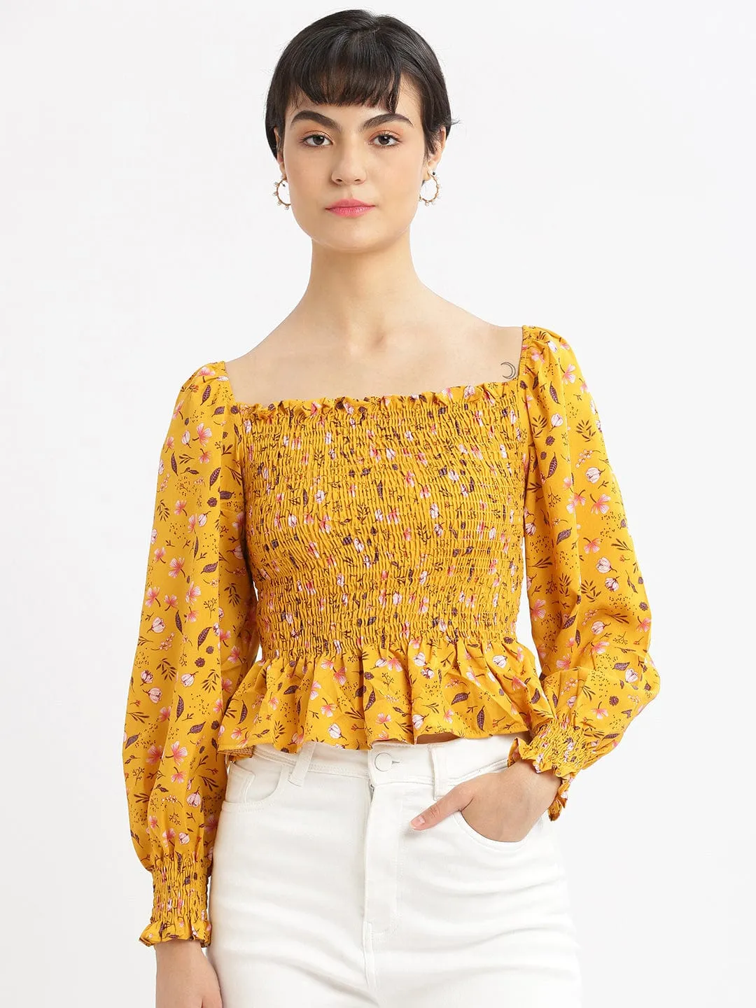 Anti Bacterial Treatment Casual Ease Women's Mustard Floral Solid Square Neck Synthetic Crepe Top