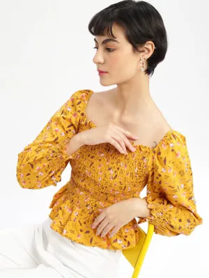 Women's Mustard Floral Solid Square Neck Synthetic Crepe Top Trendy