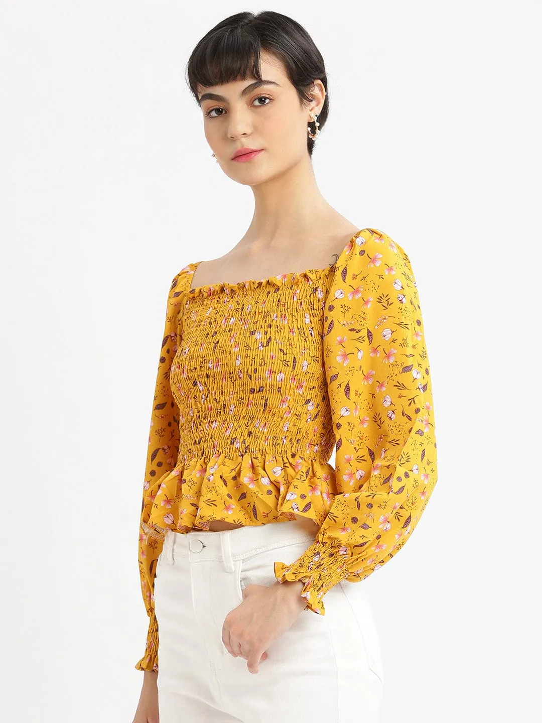 Oeko Tex Certified Women's Mustard Floral Solid Square Neck Synthetic Crepe Top