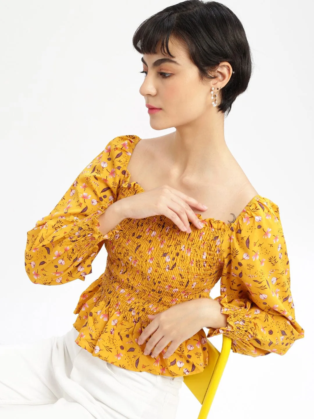 Women's Mustard Floral Solid Square Neck Synthetic Crepe Top Trendy