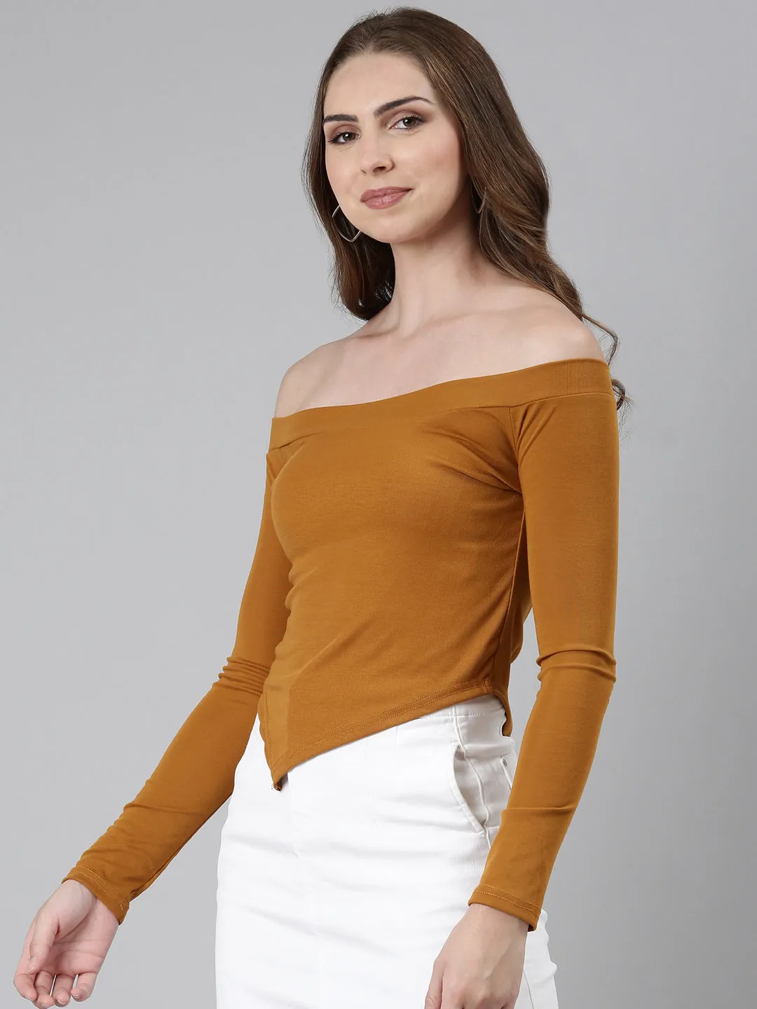 Women's Mustard Off-Shoulder Long Sleeves Bardot Top Temperature Control Fabric