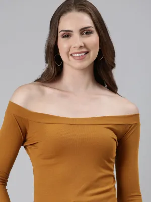 Weekend Style Trend Cool and casual Women's Mustard Off-Shoulder Long Sleeves Bardot Top