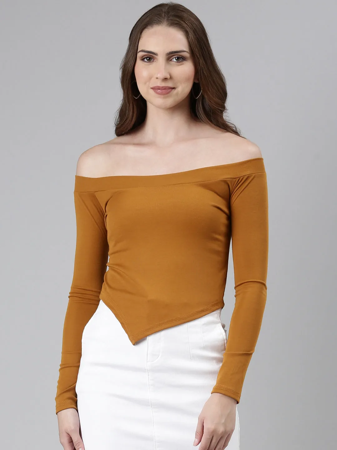 Women's Mustard Off-Shoulder Long Sleeves Bardot Top Relaxed Fit Light Fashion
