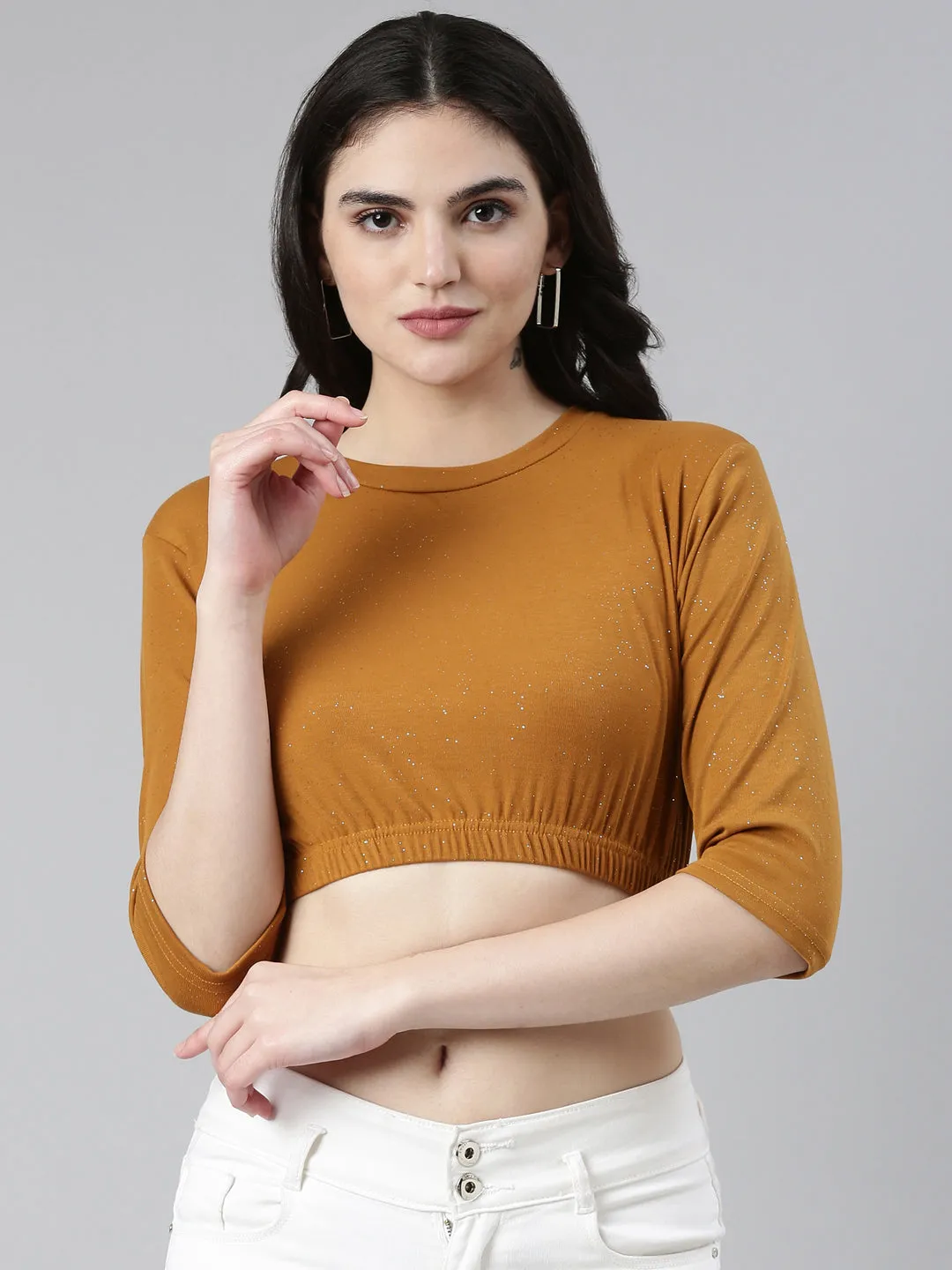 Women's Mustard Round Neck Gathered Crop Top Outdoor Activity OdorResistant Fabric