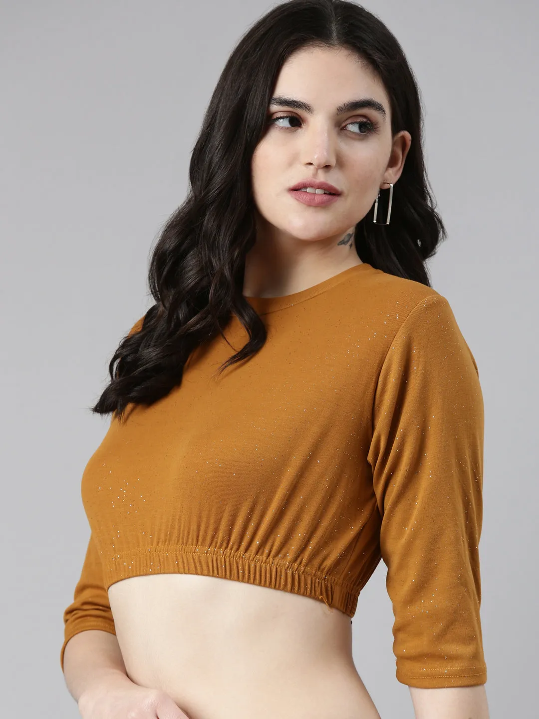 Subtle Logo Placement Layerable Look Women's Mustard Round Neck Gathered Crop Top