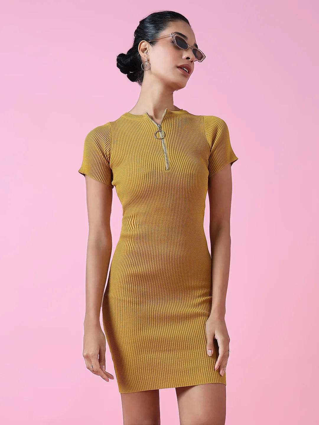Fashion Fit Women's Mustard Round Neck Solid Bodycon Dress