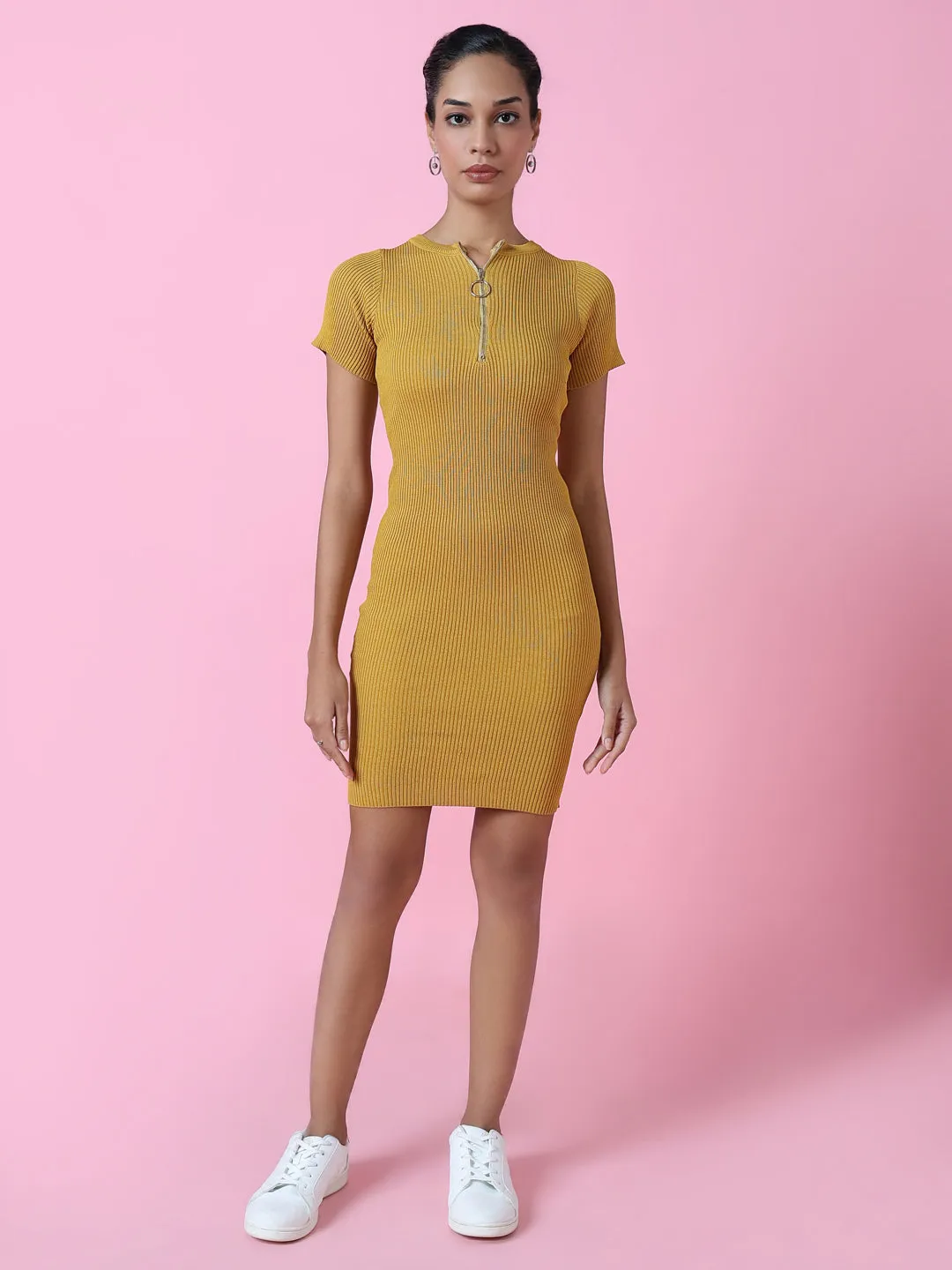 Perfect Comfort Wear Smooth-Lining Women's Mustard Round Neck Solid Bodycon Dress