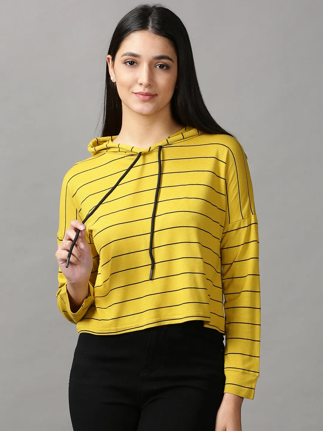 Women's Mustard Striped Crop Top Breathable mesh panel
