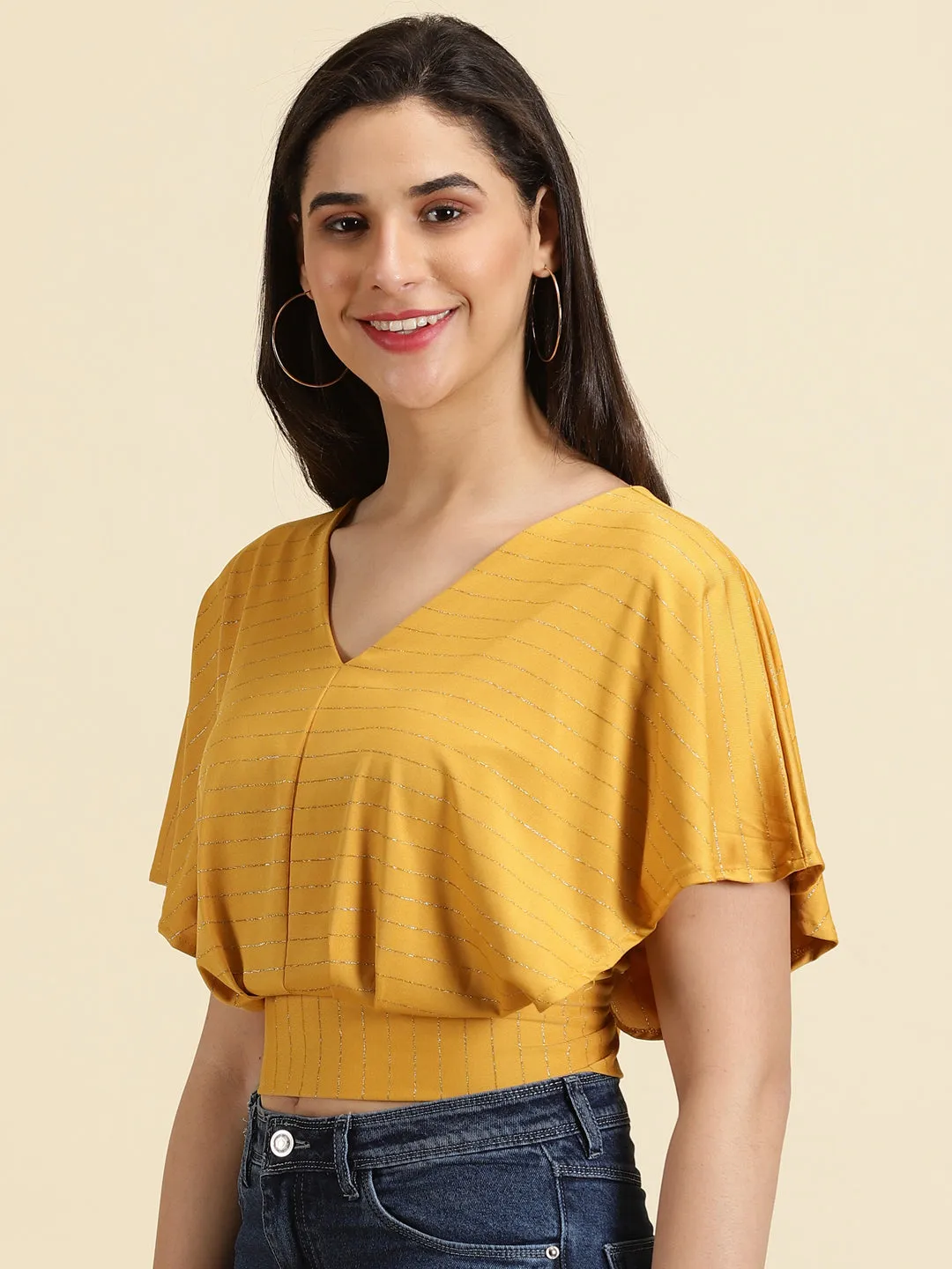 Quick Layer Fit Layered Hem Design Women's Mustard Striped V-Neck Extended Sleeves Blouson Crop Top