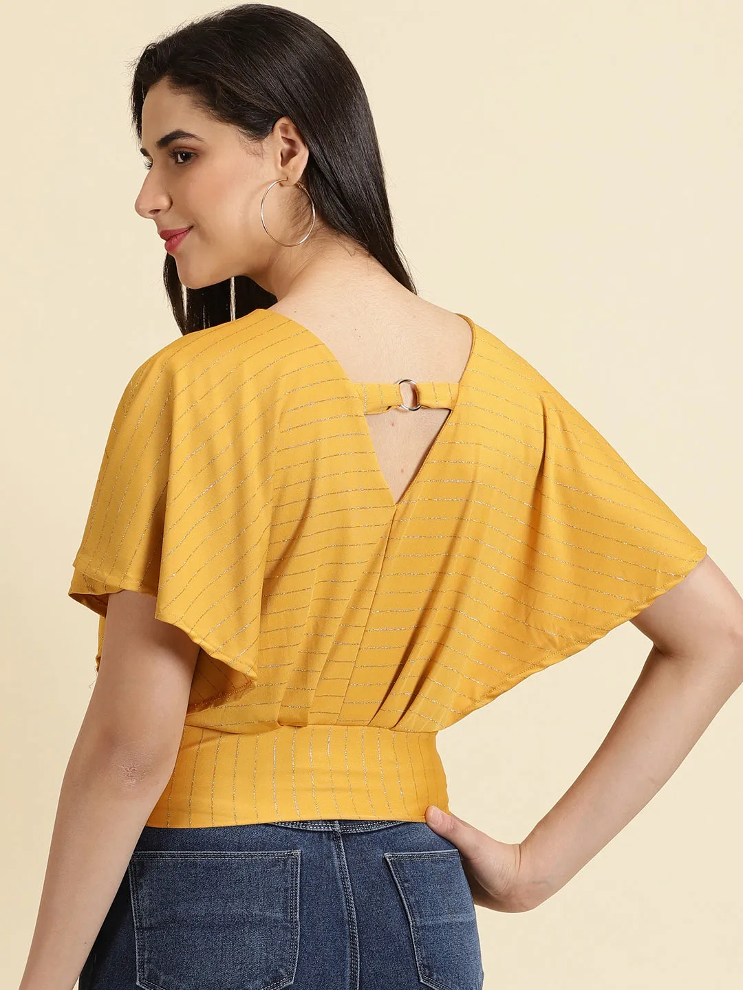 Women's Mustard Striped V-Neck Extended Sleeves Blouson Crop Top Sporty Top