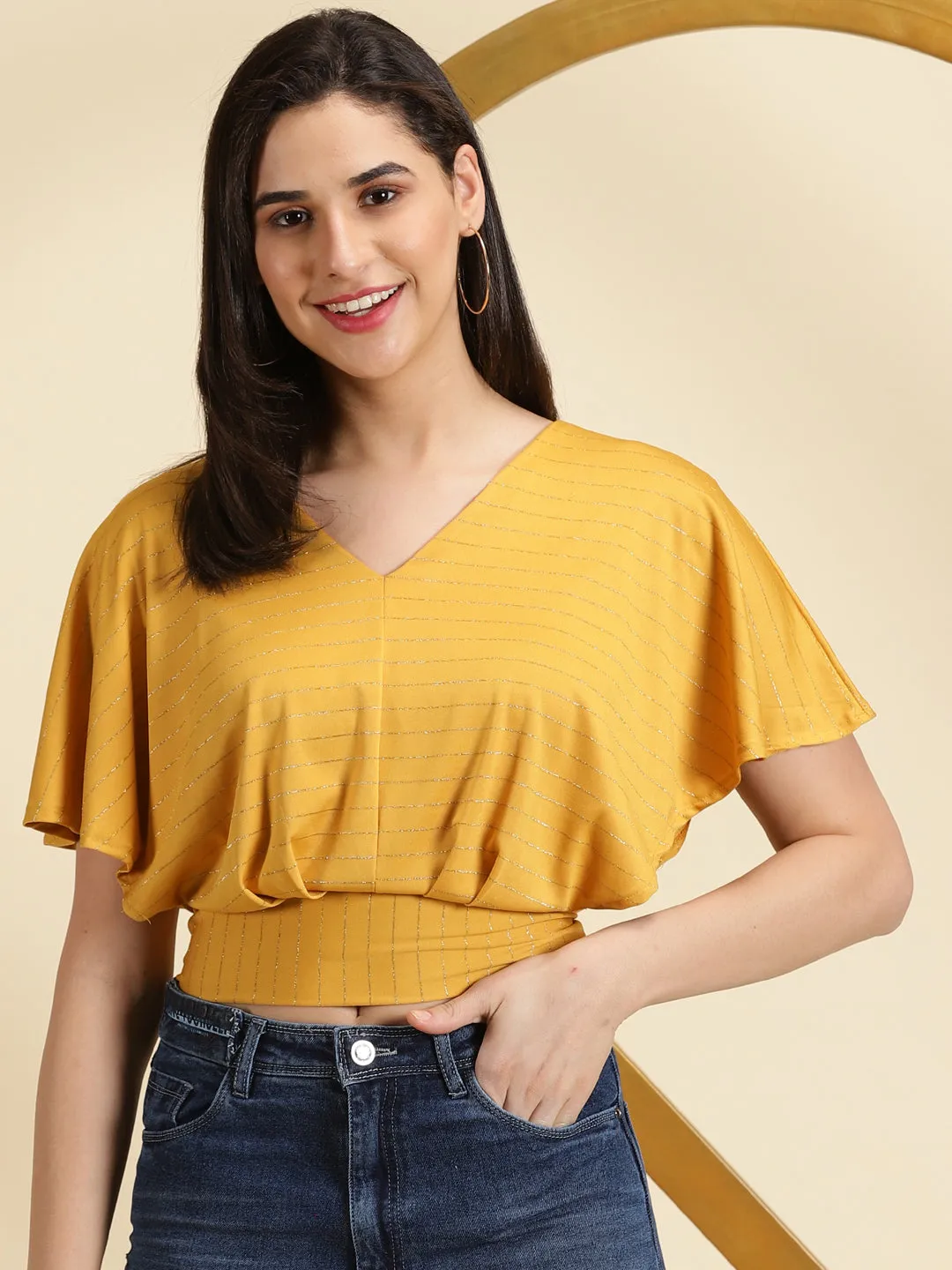 Women's Mustard Striped V-Neck Extended Sleeves Blouson Crop Top Recycled Polyester Blend Casual Essentials Wear