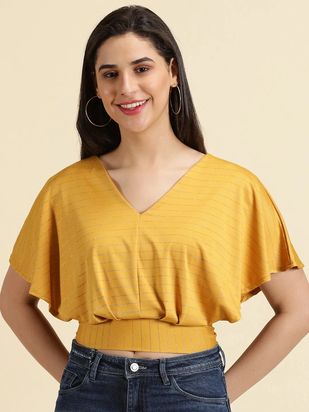 Women's Mustard Striped V-Neck Extended Sleeves Blouson Crop Top Athletic and Cool