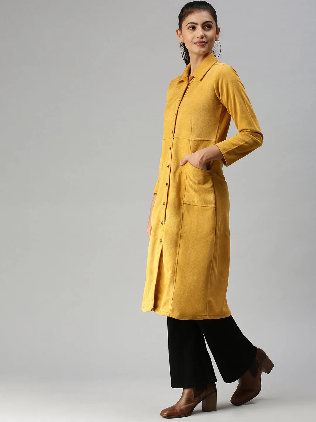 Laser Cut Vents Women's Mustard Suede Overcoat