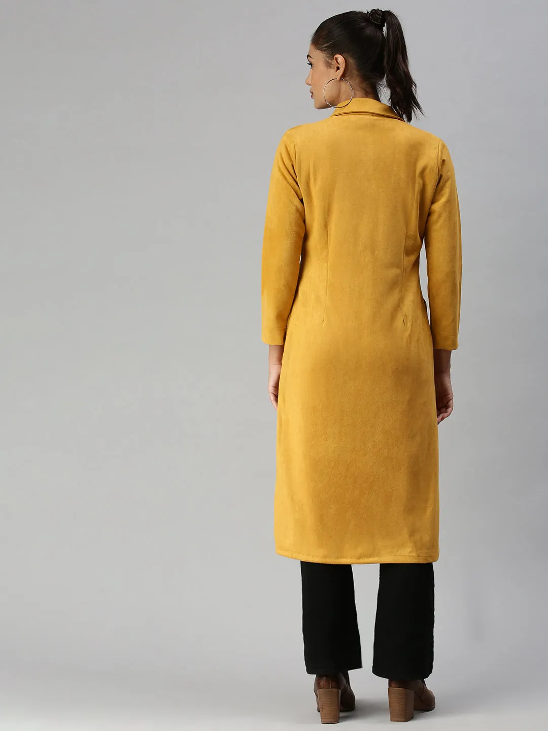 Button Closure Multi pockets Women's Mustard Suede Overcoat