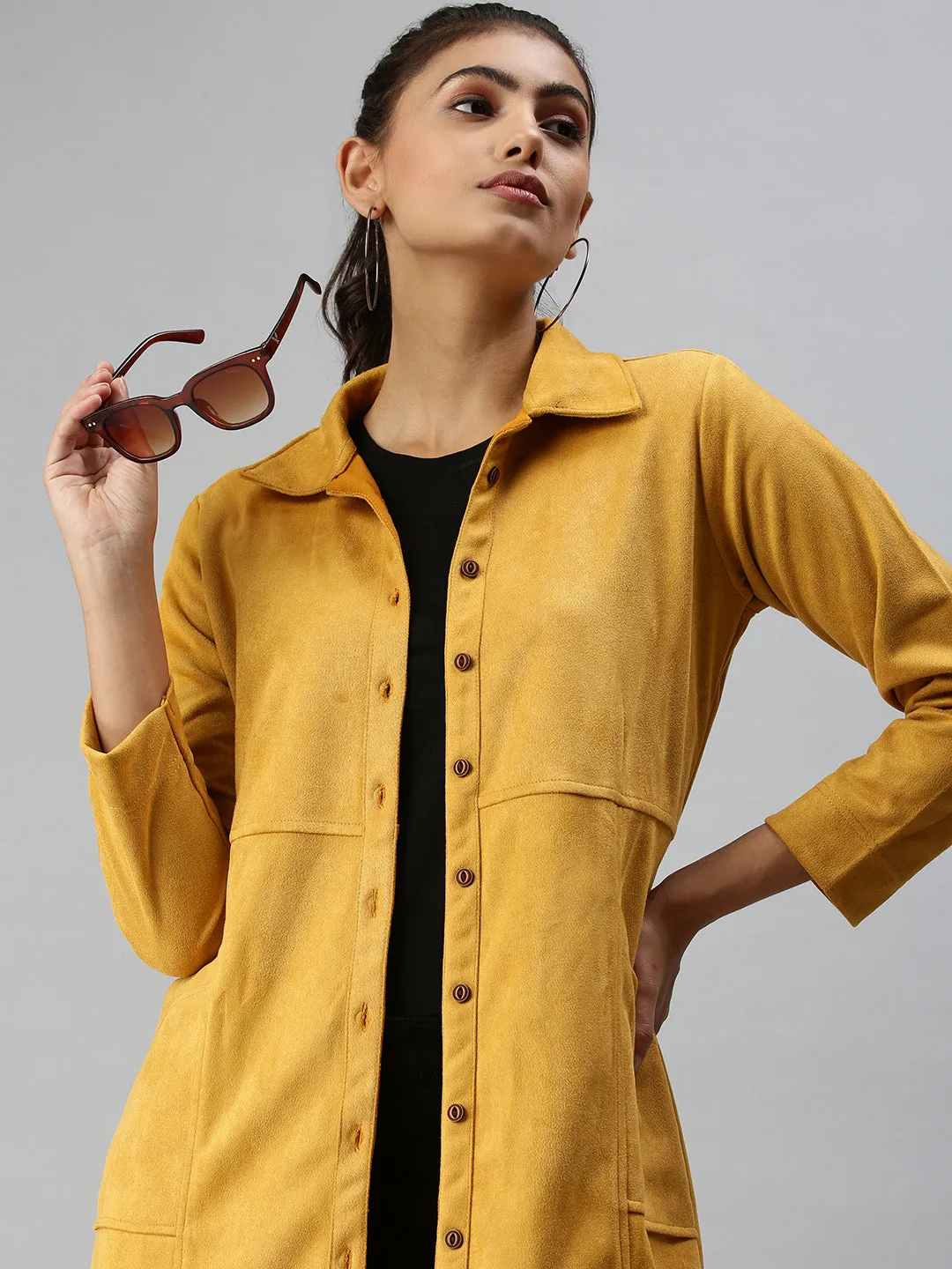 City Wear Full Zip Closure Women's Mustard Suede Overcoat