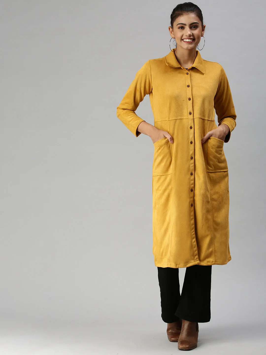 MultiPocket Configuration Bonded Collars Women's Mustard Suede Overcoat