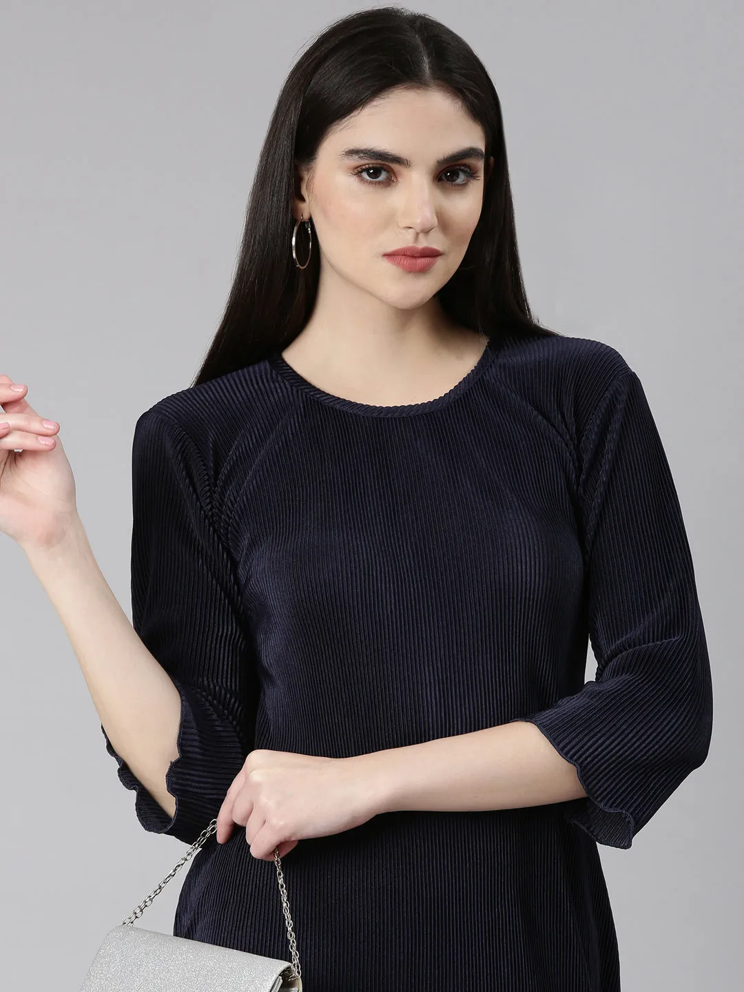 Women's Navy Blue Above Knee Bodycon Satin Dress Office Friendly Polite Color