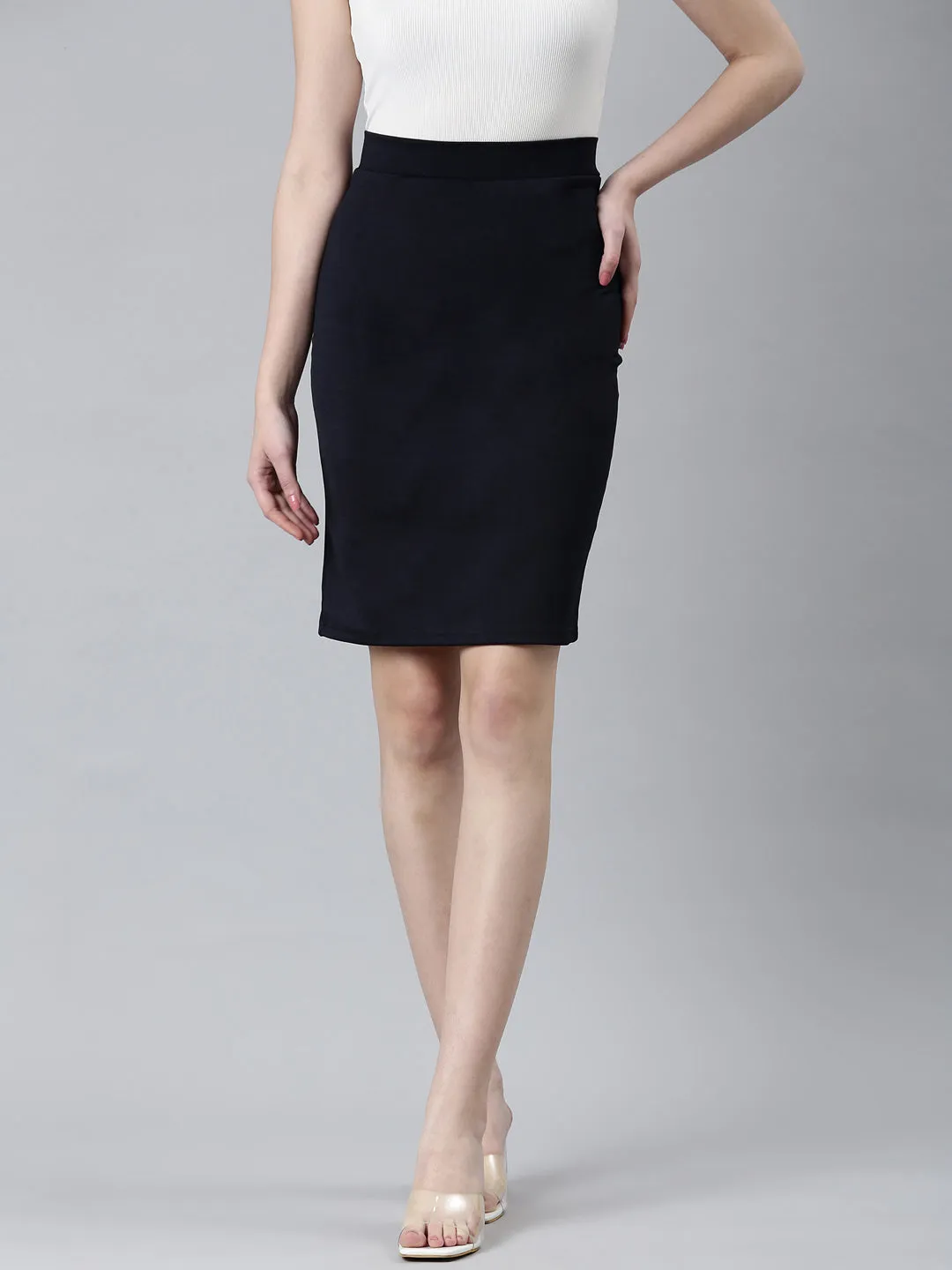 Women's Navy Blue Above Knee-Length Pencil Skirt Twist Front Thermoregulating Fabric
