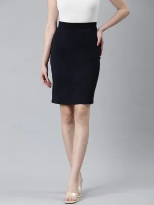 Women's Navy Blue Above Knee-Length Pencil Skirt Twist Front Thermoregulating Fabric
