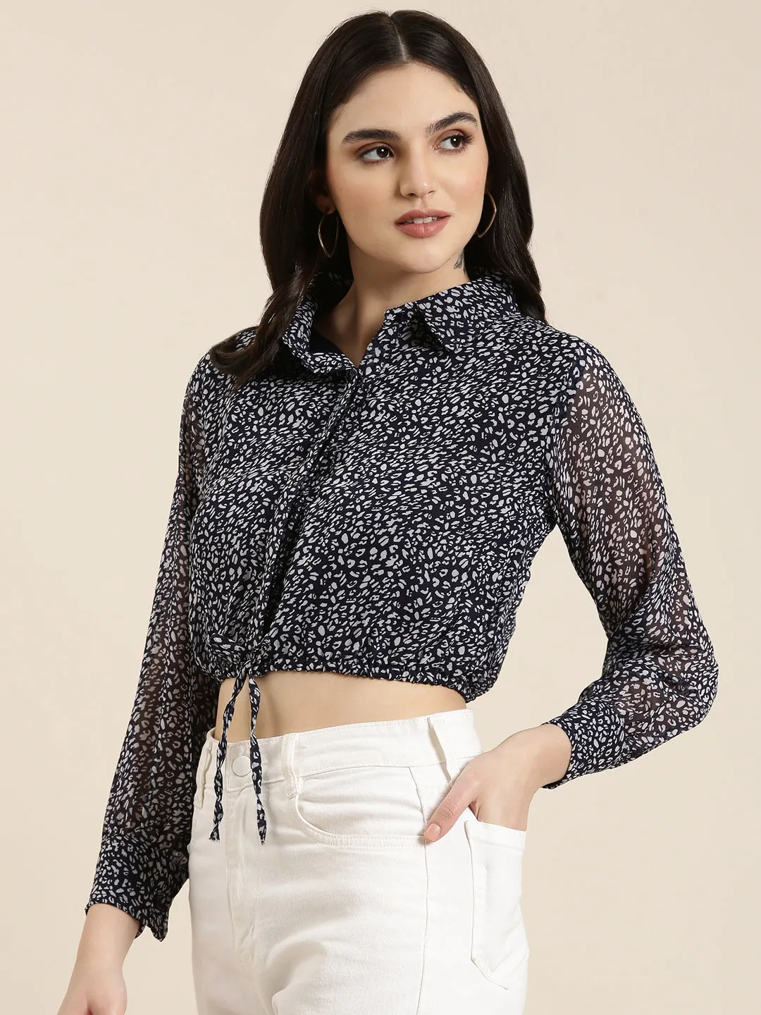 Women's Navy Blue Animal Printed Chiffon Shirt Style Crop Top Casual Layer Wear