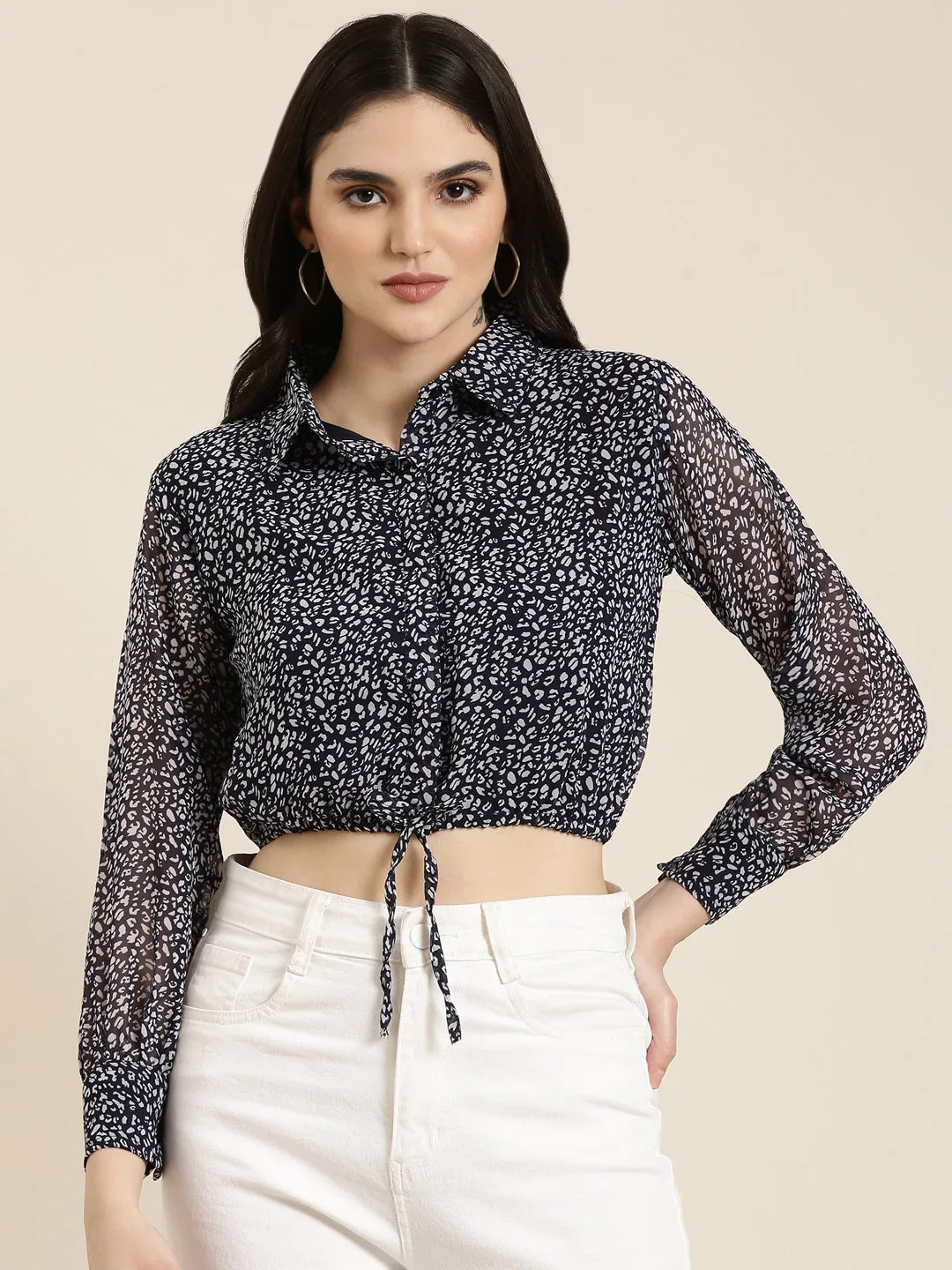 Geometric Pattern Women's Navy Blue Animal Printed Chiffon Shirt Style Crop Top