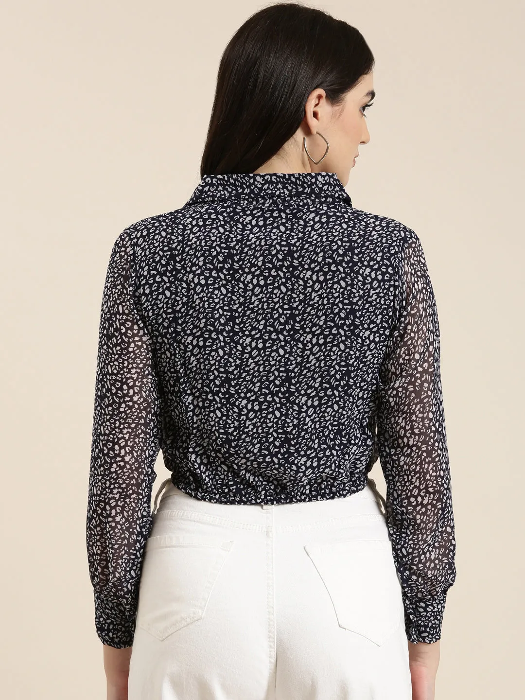 Women's Navy Blue Animal Printed Chiffon Shirt Style Crop Top Eco Friendly Dye Cozy Layers