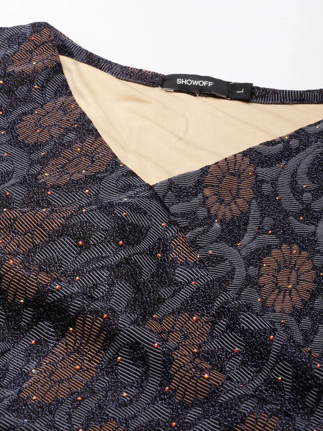 Women's Navy Blue Ethnic Motifs Print Bell Sleeves Dress Feminine Charm