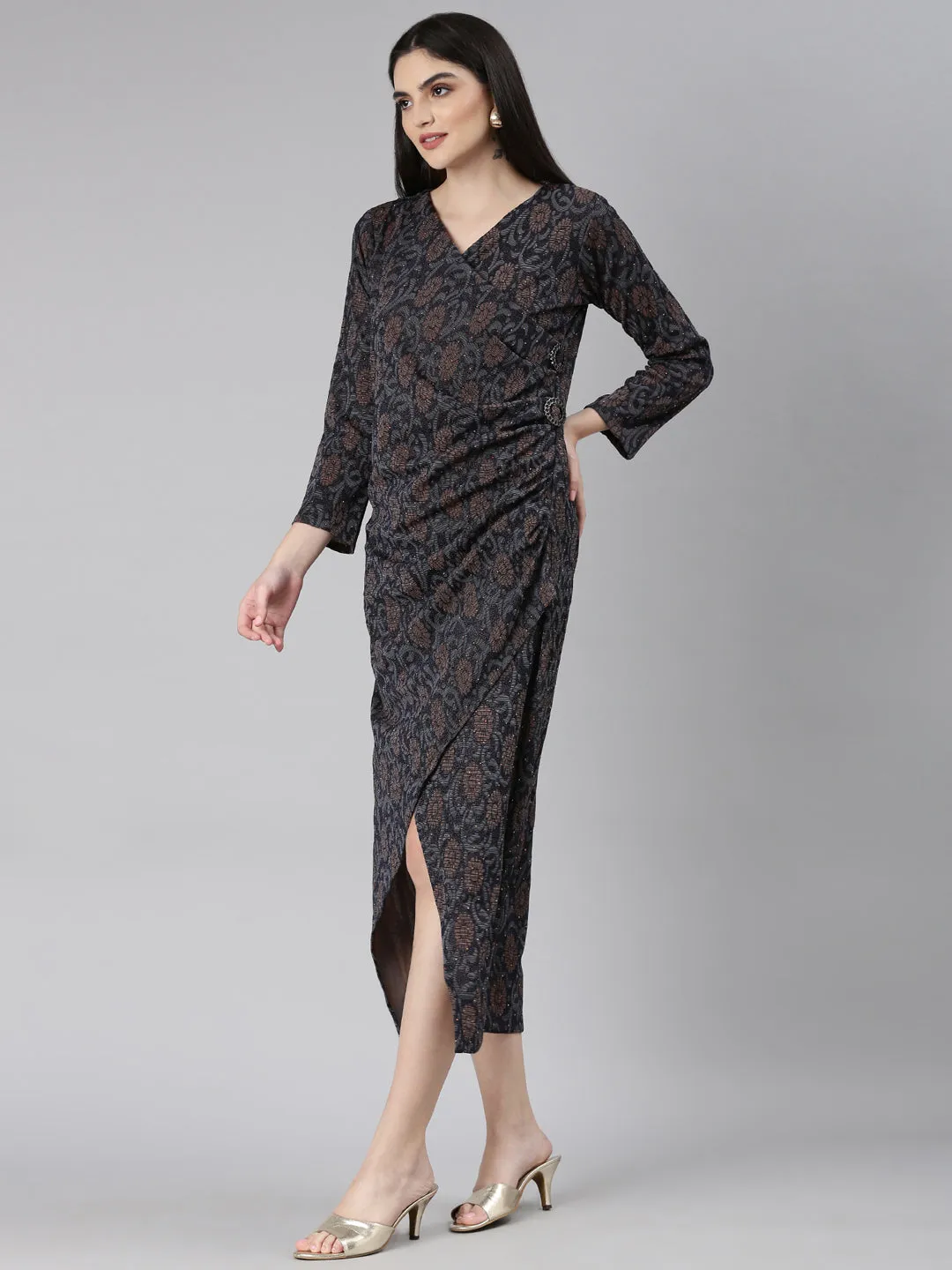 All-Day Comfort Wear Women's Navy Blue Ethnic Motifs Print Bell Sleeves Dress