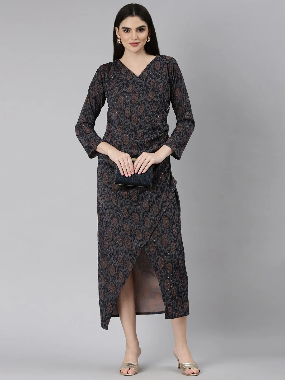 Occasion Wear Women's Navy Blue Ethnic Motifs Print Bell Sleeves Dress