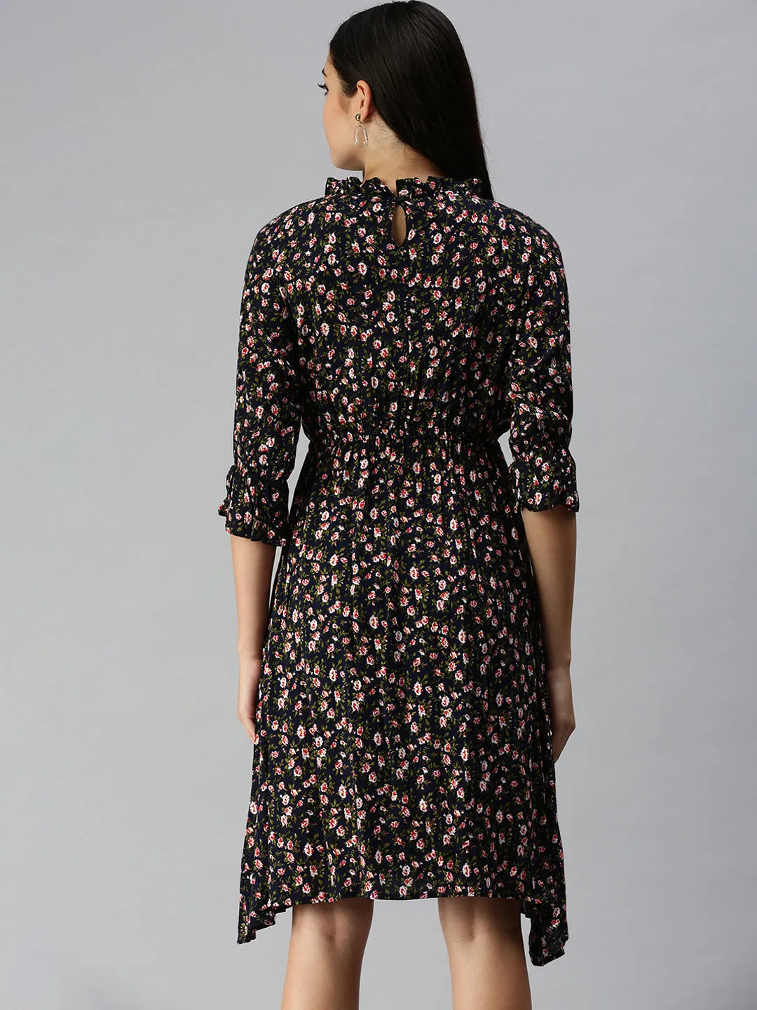 Sharp Edge Vibrant Waist Fit Women's Navy Blue Floral Crepe Midi Dress