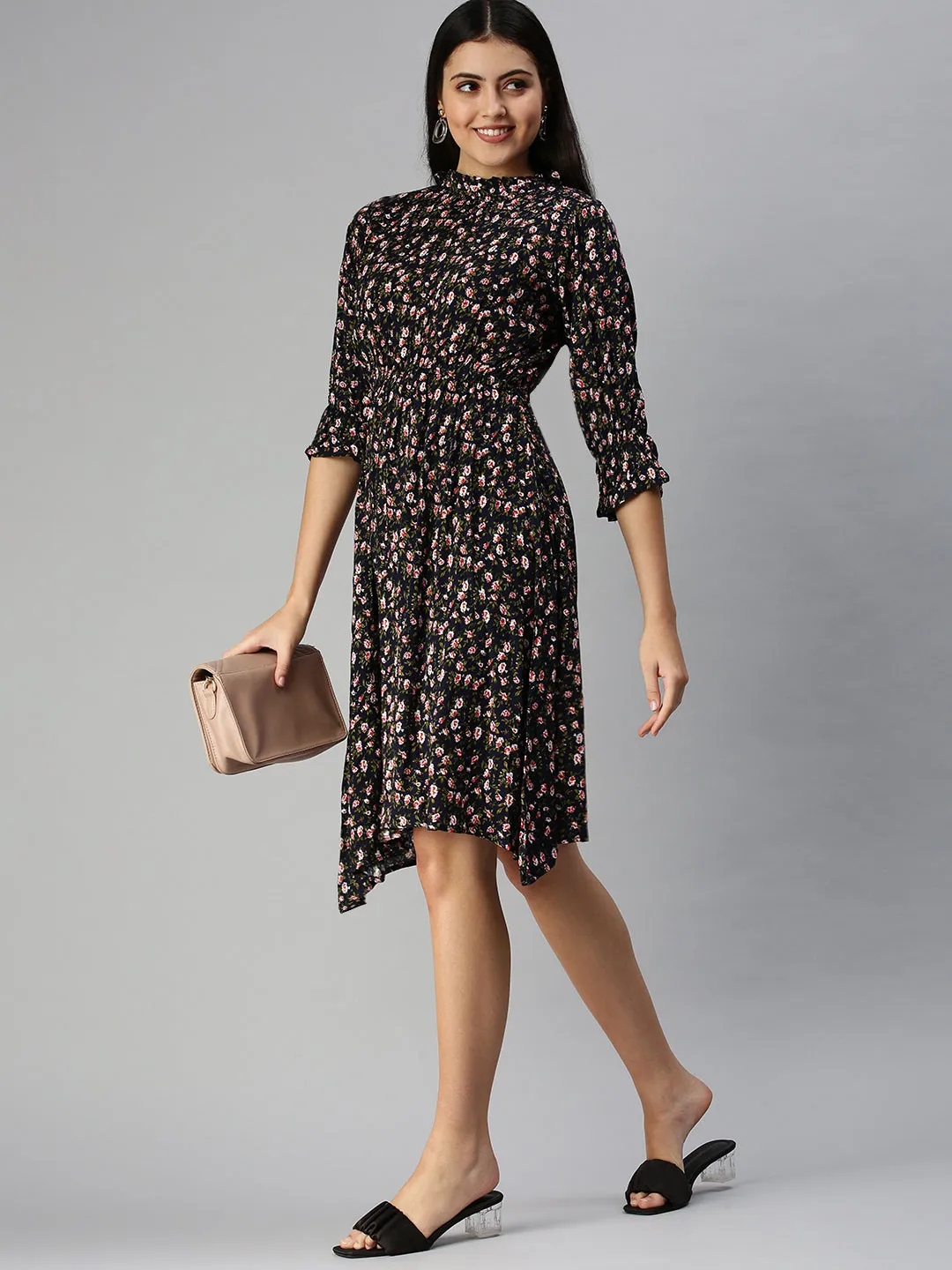 Stain-Resistant Women's Navy Blue Floral Crepe Midi Dress