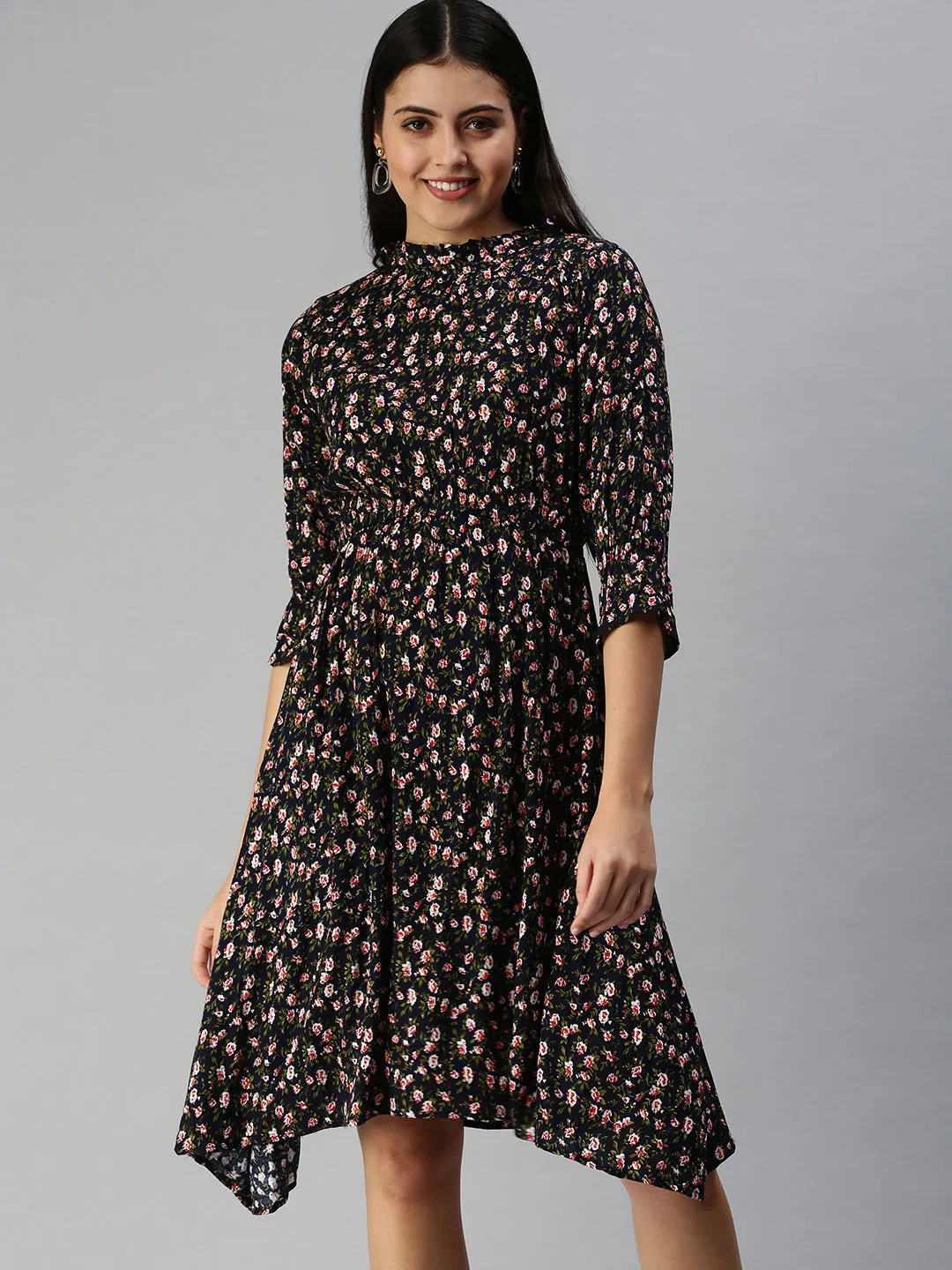 Casual Look Women's Navy Blue Floral Crepe Midi Dress