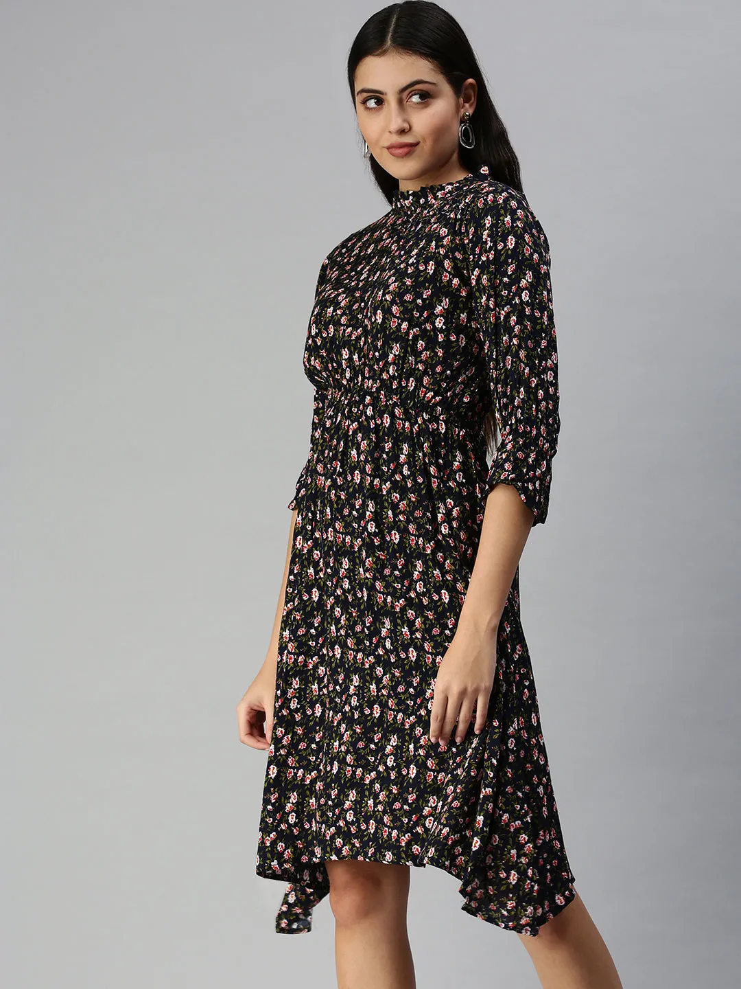 Women's Navy Blue Floral Crepe Midi Dress Tall Fit Pop Texture