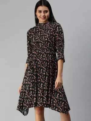 Casual Look Women's Navy Blue Floral Crepe Midi Dress