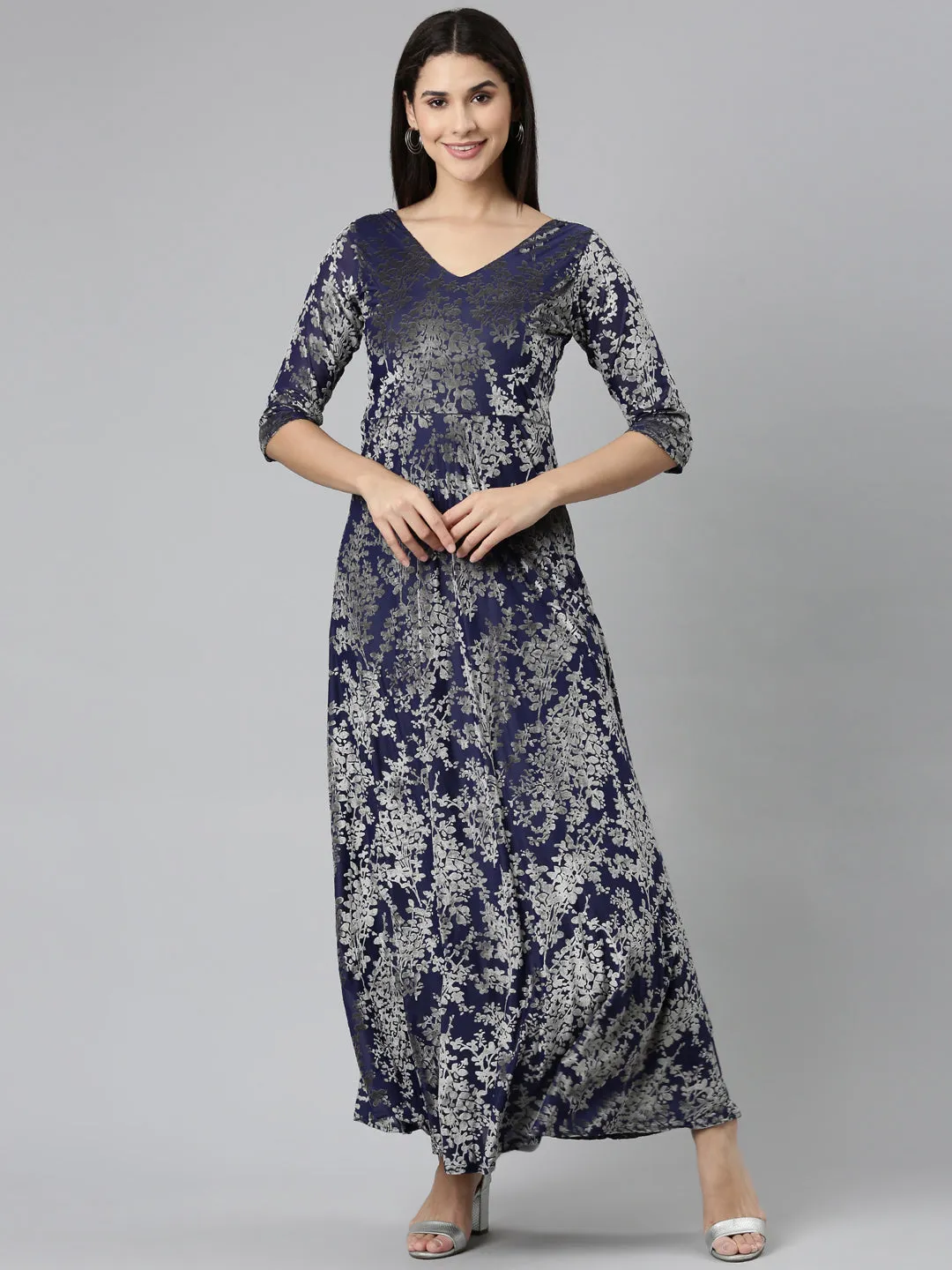 Women's Navy Blue Floral Print V-Neck Gown Maxi Dress Seasonal Layering Trendy pick